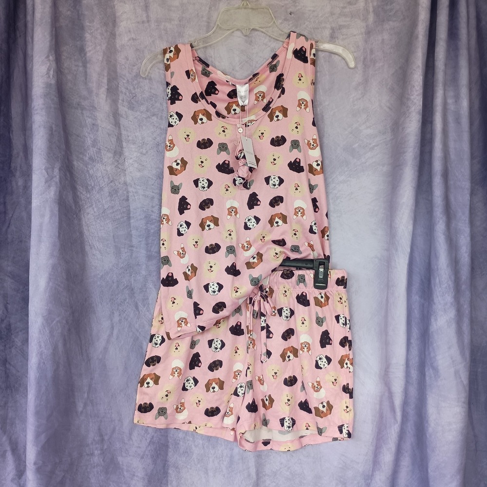 Mia & Tess Dog Face Tank & Shorts Pajama Set Pink Sleepwear NWT